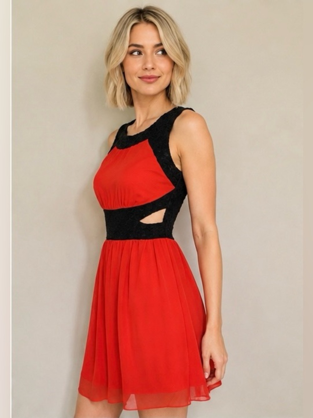 Sweet Storm M Red Black Lace Knee Length Dress With Side Cutouts Sheer Stretch